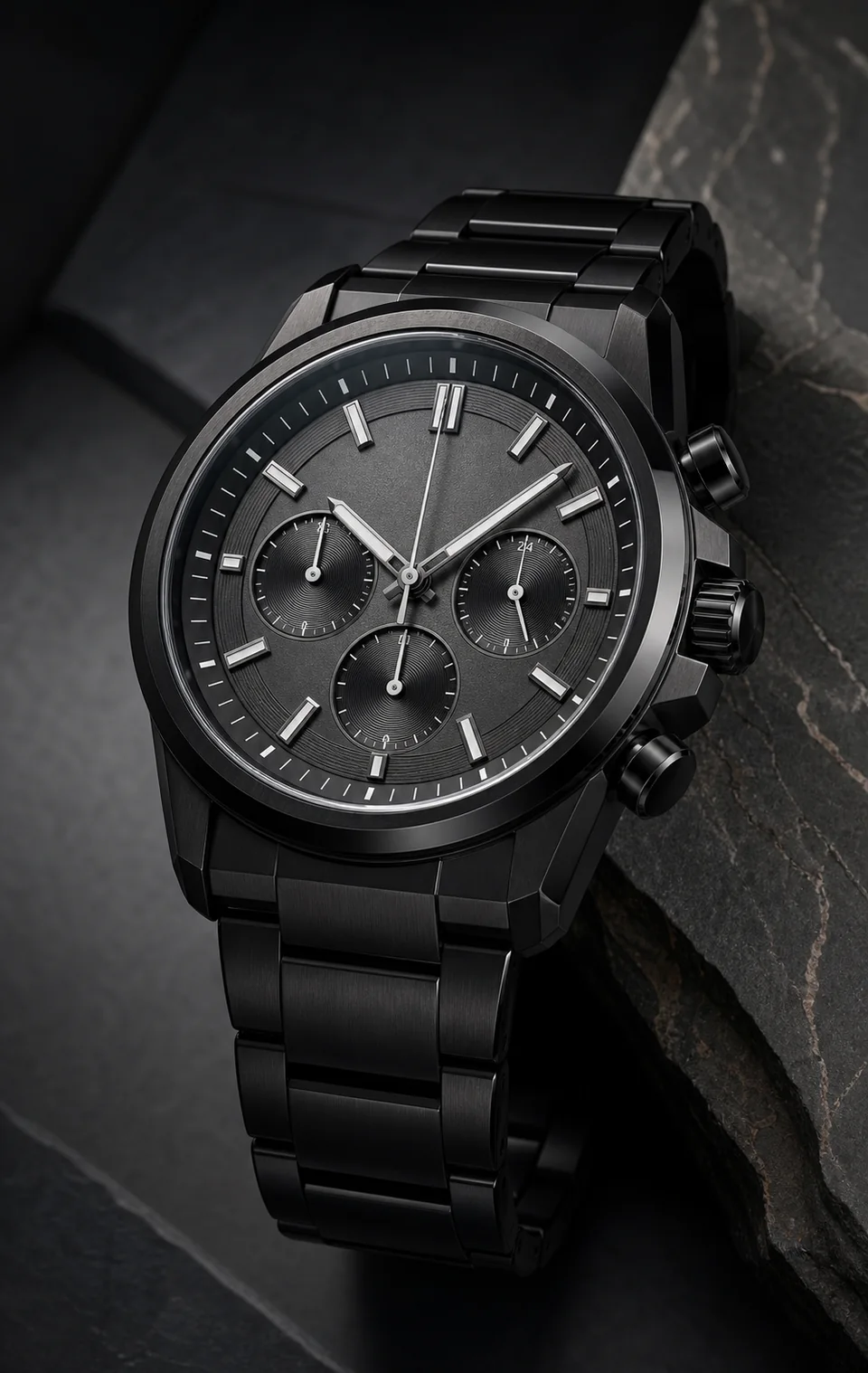 Unbranded black steel chronograph watch with three balanced subdials.