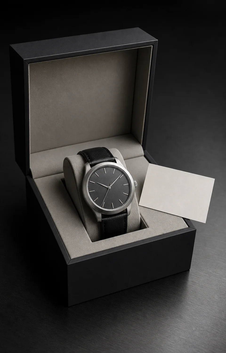 Unbranded bespoke steel watch presented in a restrained charcoal presentation box.