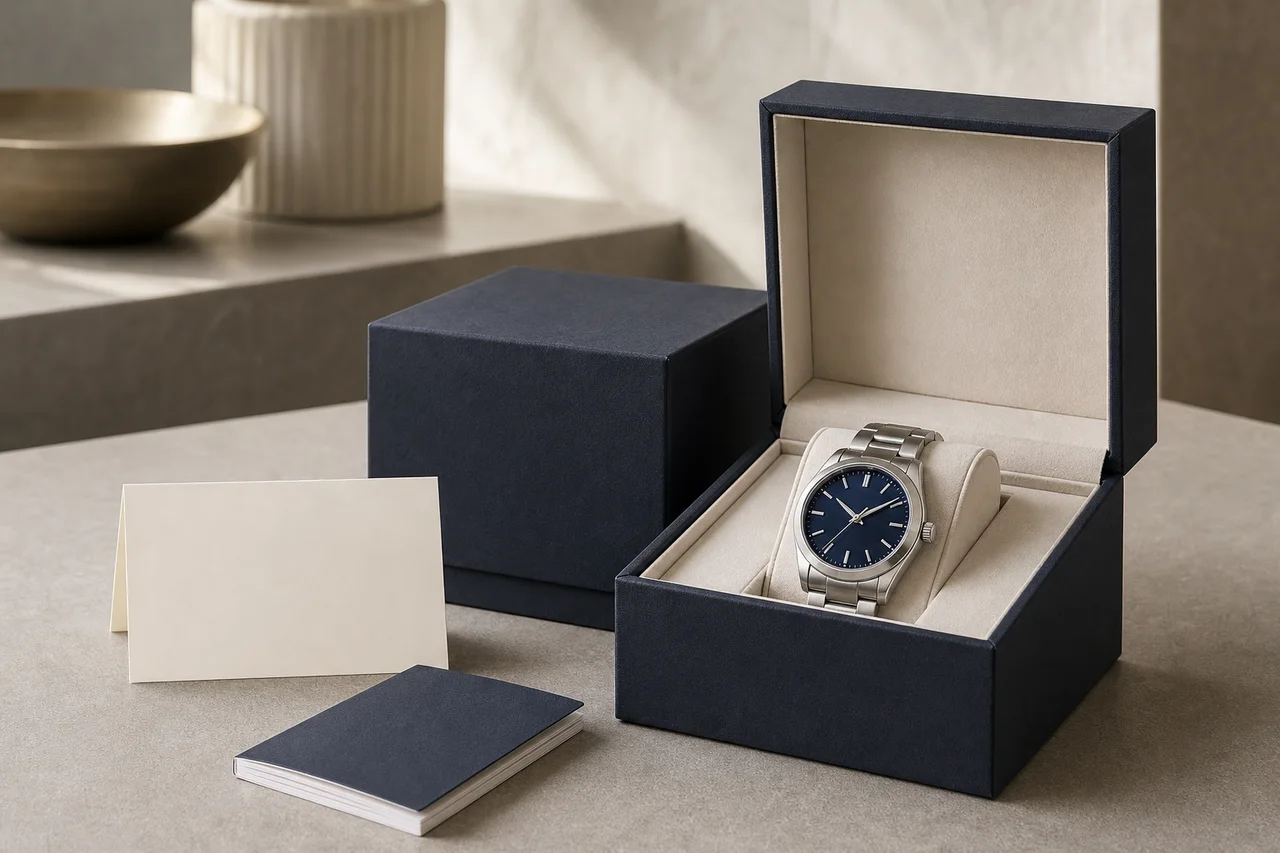Unbranded stainless-steel watch presented in a navy and ivory corporate gift box with blank card and booklet.