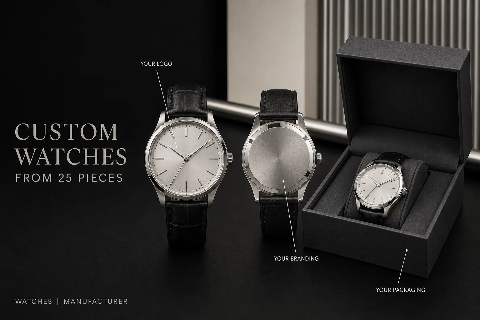 Representative private-label watches showing dial, caseback and packaging branding areas.