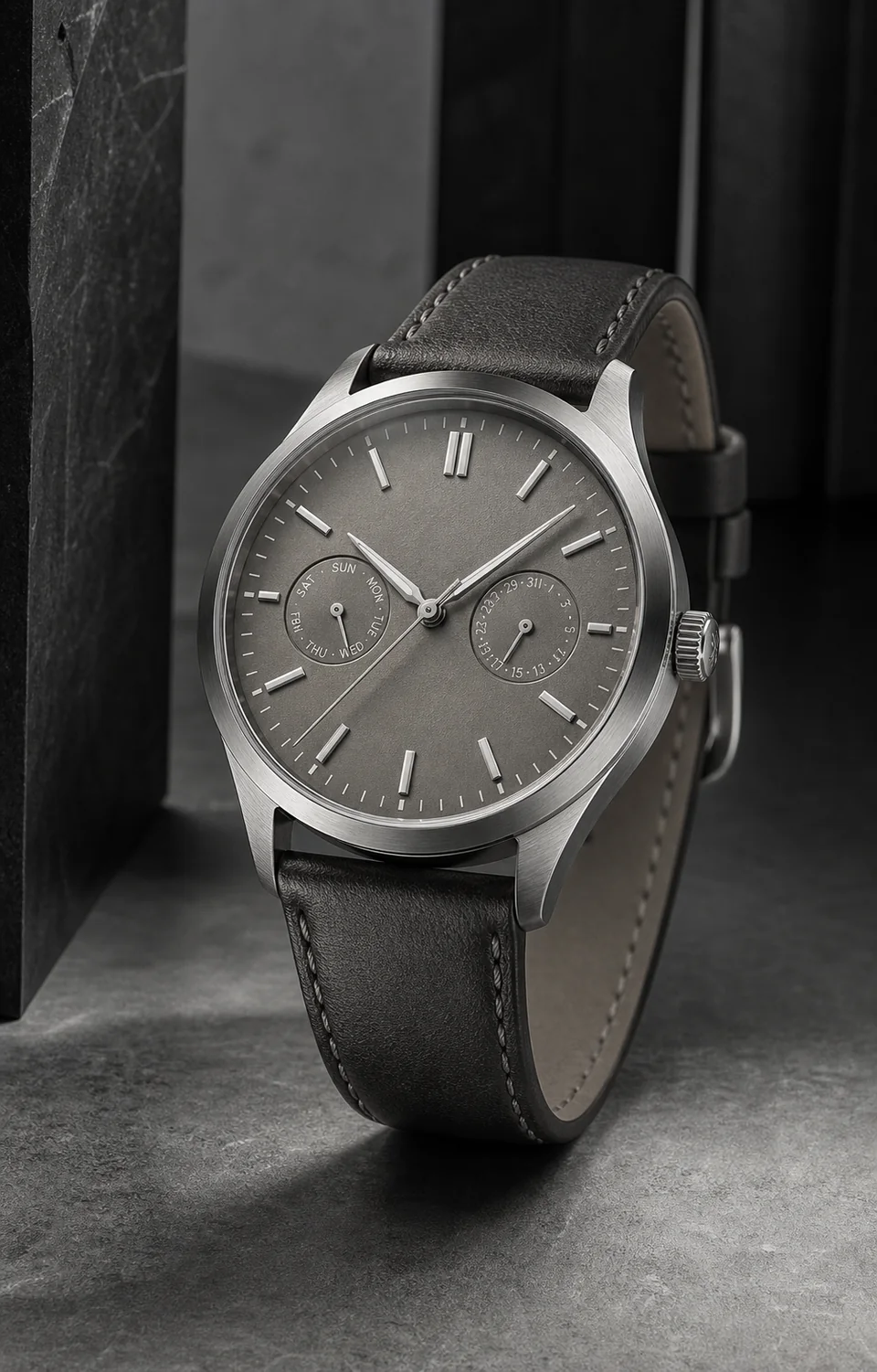 Unbranded steel multifunction watch with a deep charcoal dial and balanced calendar displays.