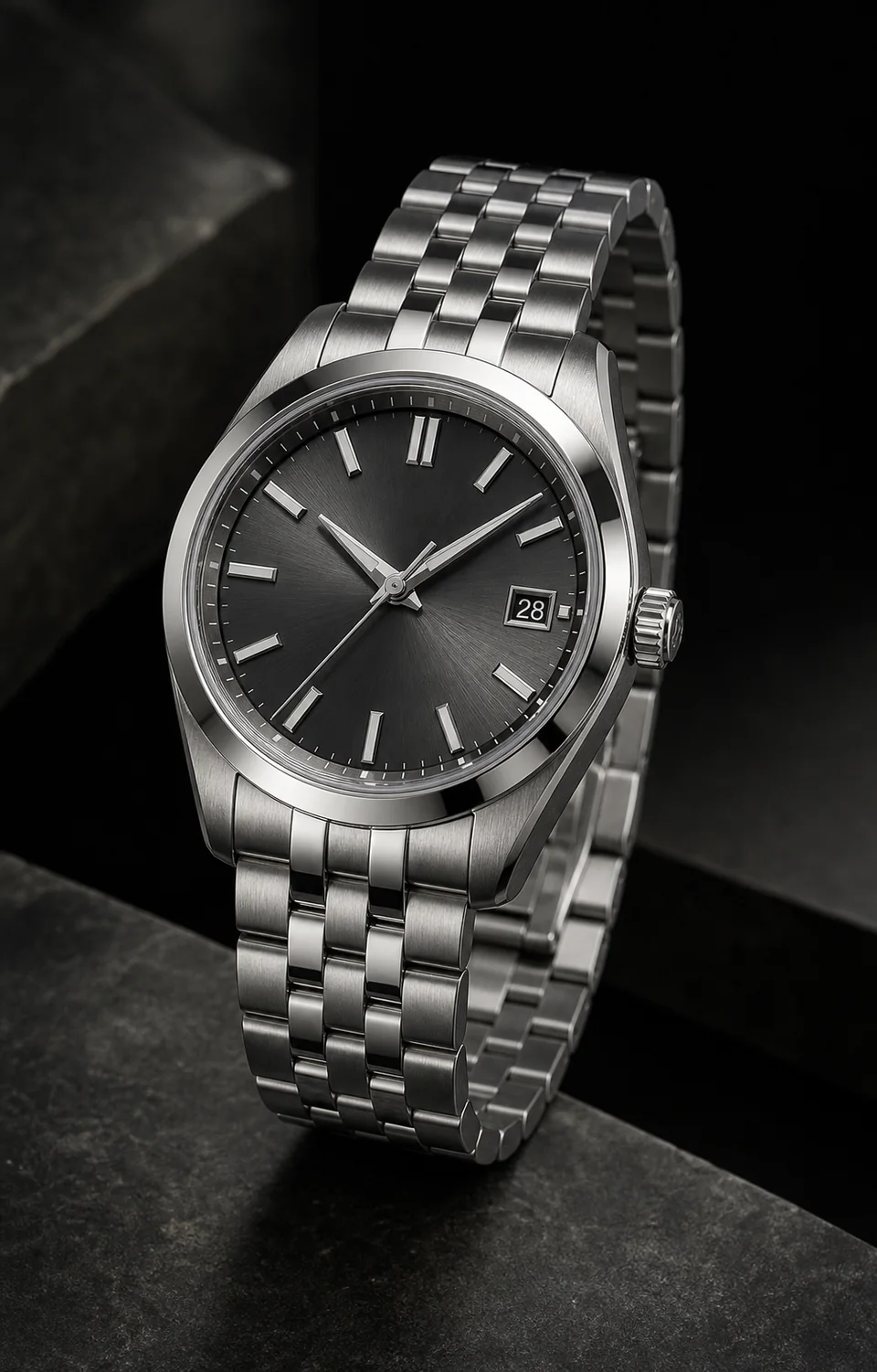 Unbranded premium 316L stainless-steel watch with alternating brushed and polished finishes.