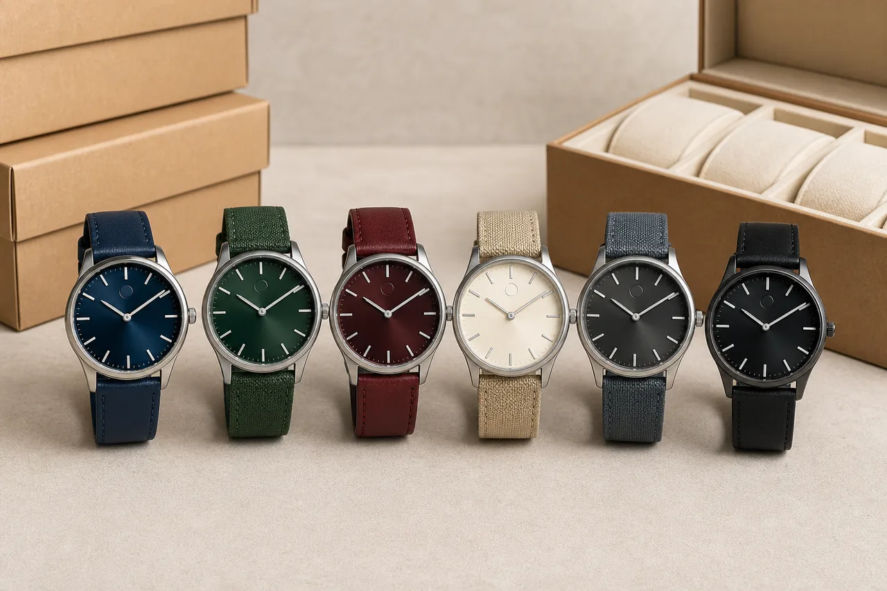 Six unbranded quartz watches in coordinated navy, green, burgundy, cream, charcoal and black colourways with simple bulk boxes.