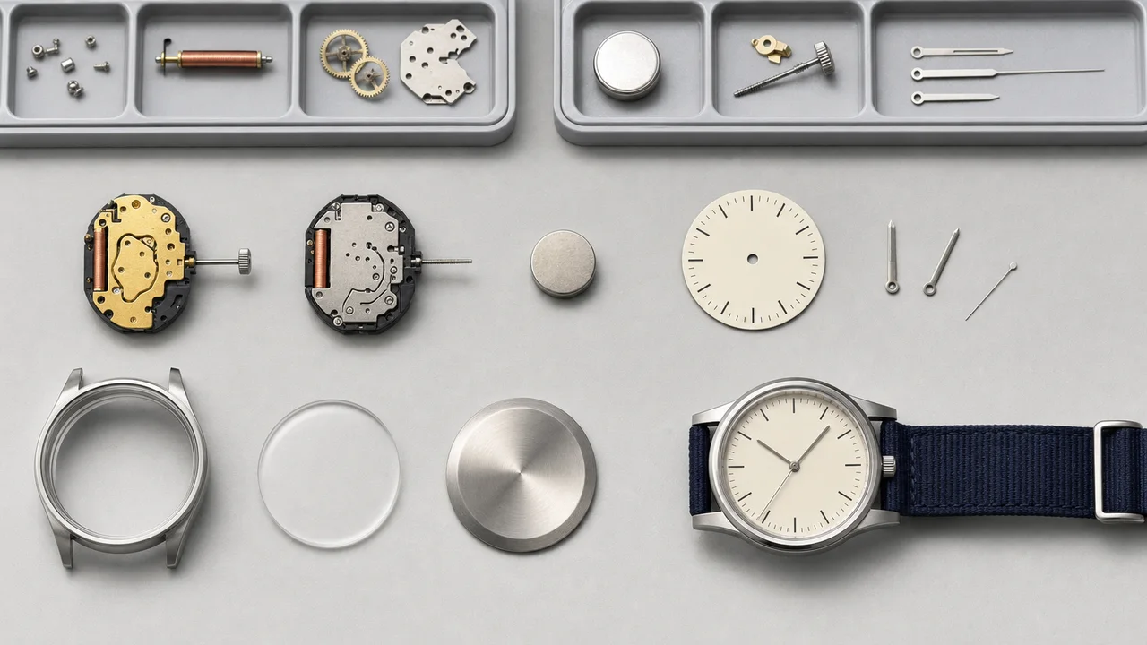 Generic quartz watch movements, dial, hands, case, crystal, crown, battery and completed watch arranged as a technical flat lay.