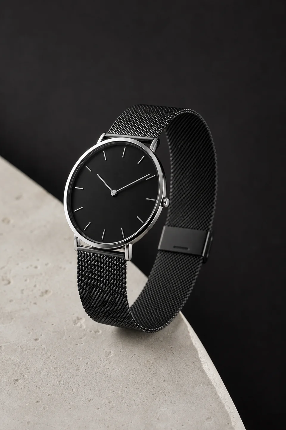 Unbranded ultra-slim watch with a warm white dial and fine black leather strap.