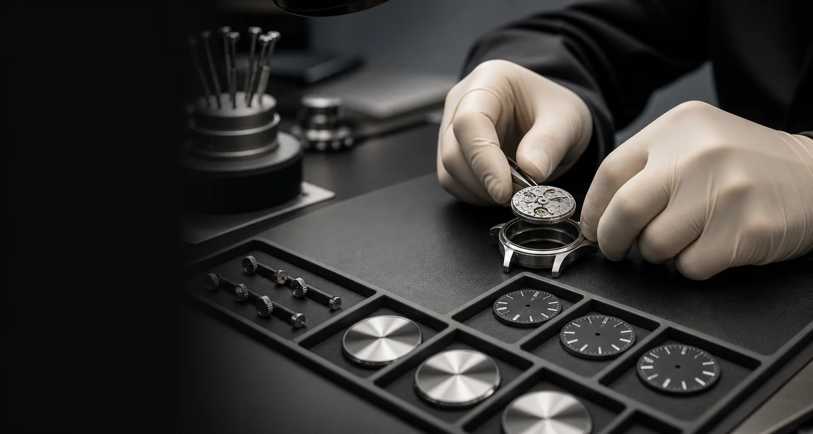 Gloved watch technician placing a movement into a steel watch case at a clean assembly bench.