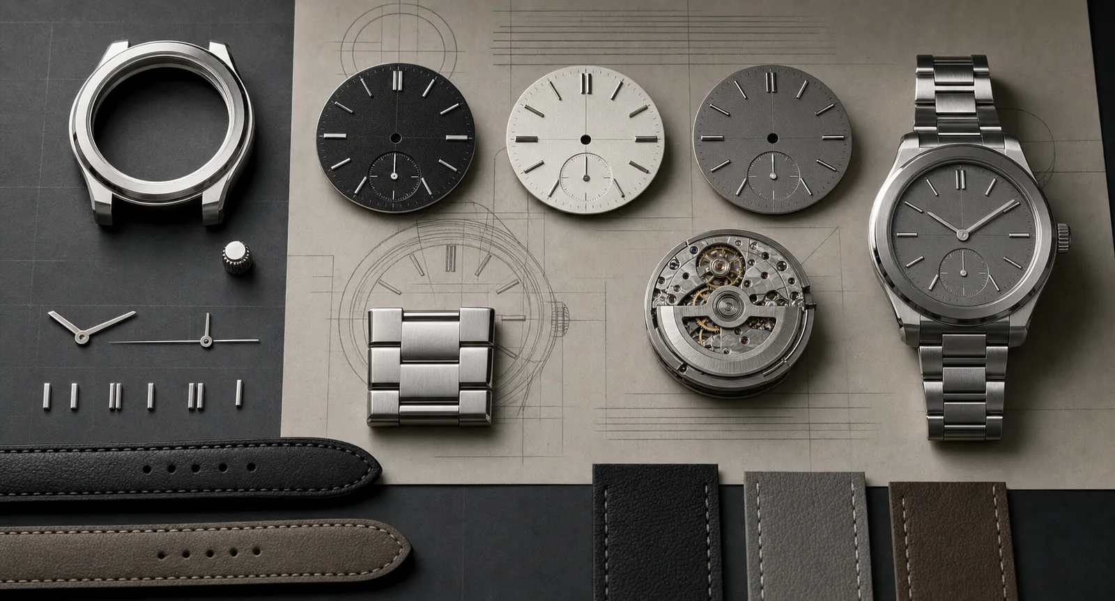 Unbranded watch dials, case, movement, hands, straps and finished prototype arranged for collection development.