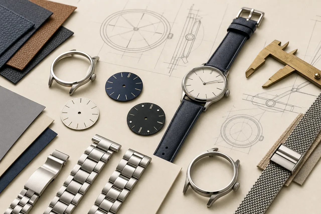 Unbranded dial concepts, steel case samples, leather swatches, bracelets, calipers and a completed watch on a development desk.