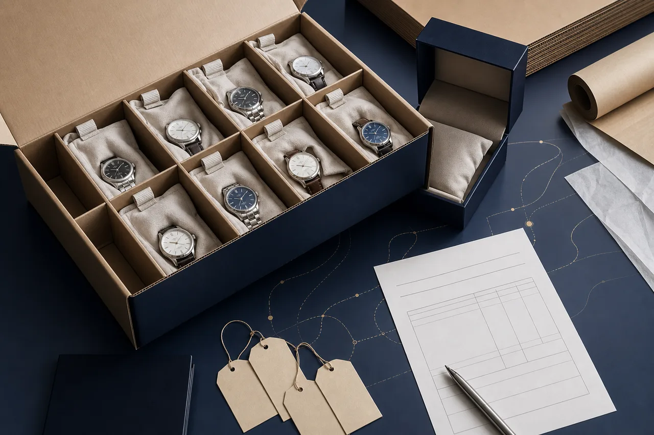 Unbranded watches arranged in a divided protective shipping carton beside blank quality tags, packing materials and delivery paperwork.