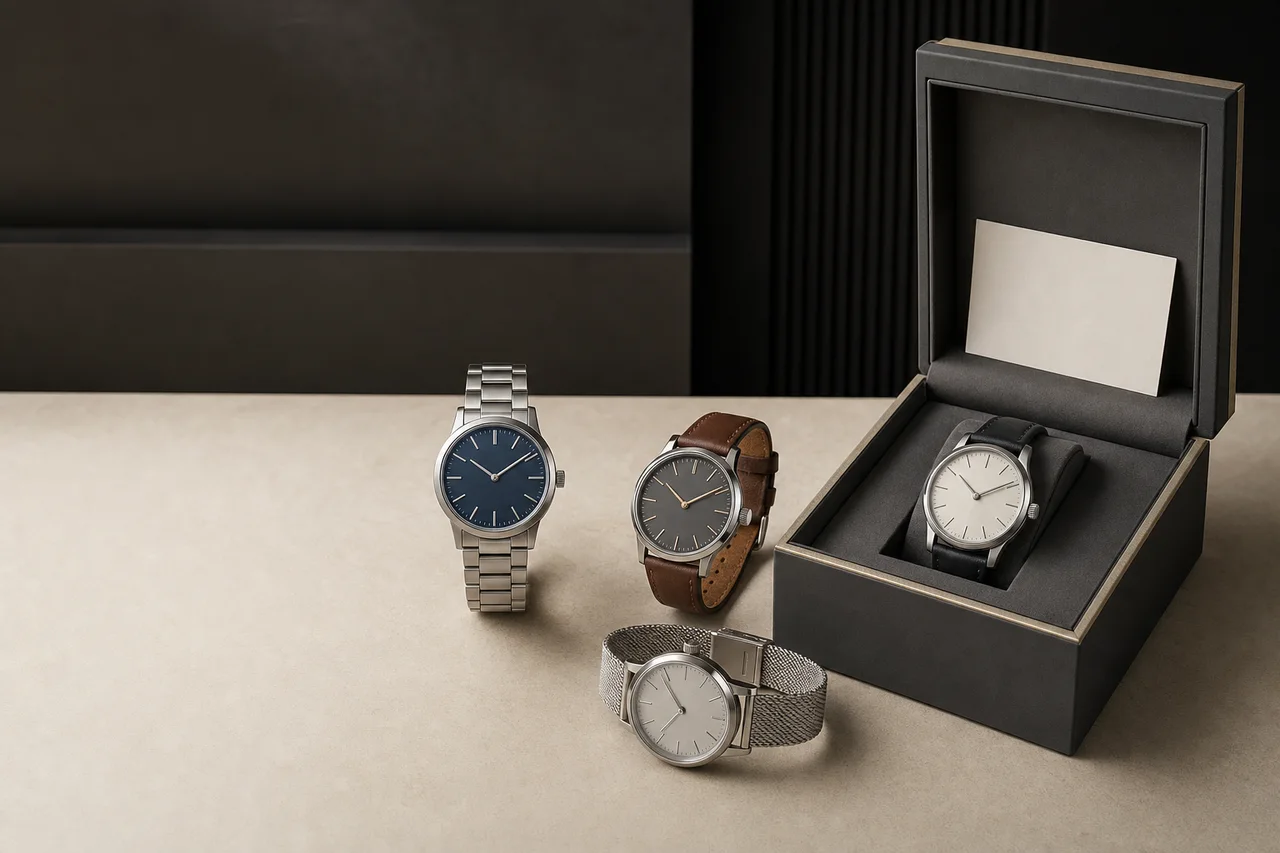 Collection of four unbranded watches with steel bracelet, leather strap and mesh bracelet options in premium presentation packaging.