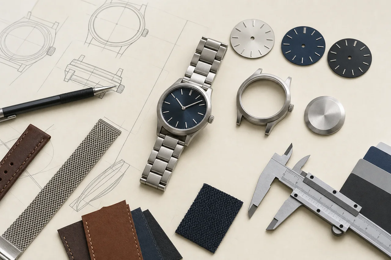 Unbranded watch prototype, dial and case samples, straps, calipers and product-development drawings arranged on a design desk.