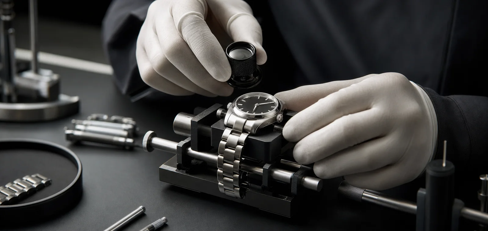 Gloved watch specialist inspecting an unbranded steel watch with a precision loupe.