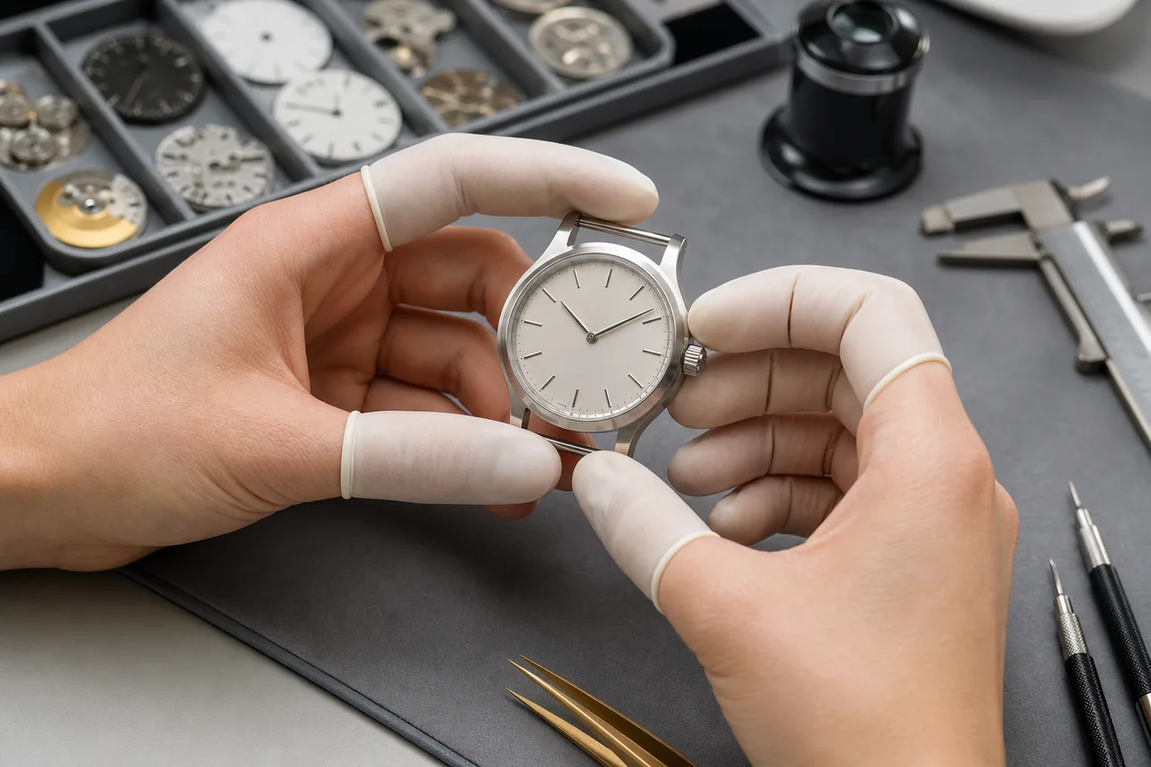 Watch technician inspecting dial and hand alignment on an unbranded stainless-steel watch at a precision workbench.