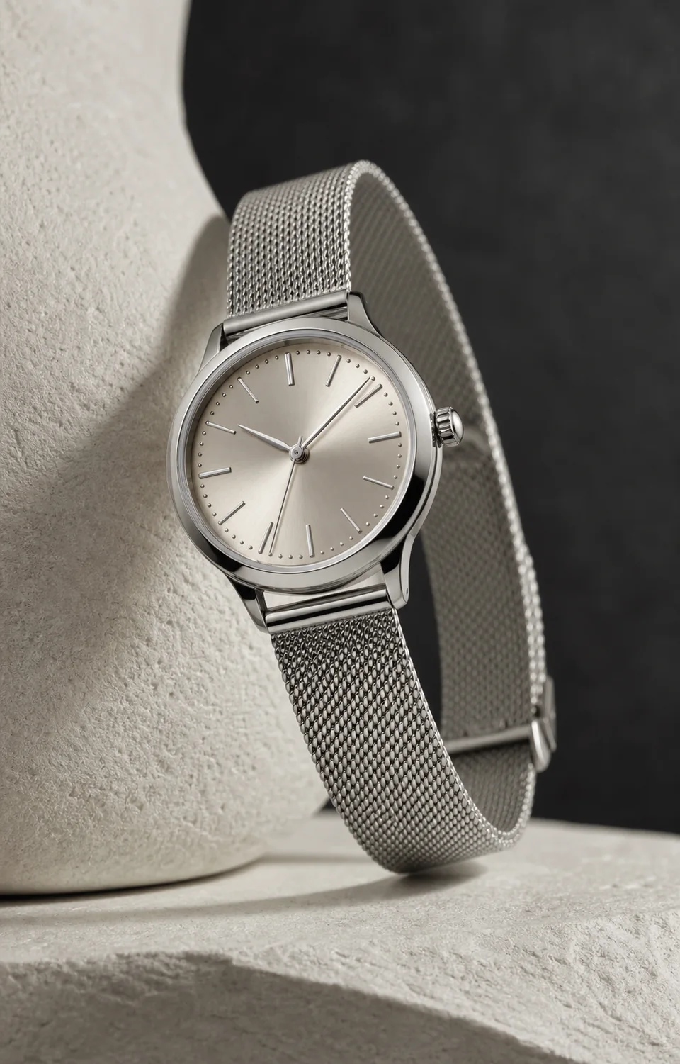 Unbranded women's steel watch with a warm-silver dial and fine mesh bracelet.